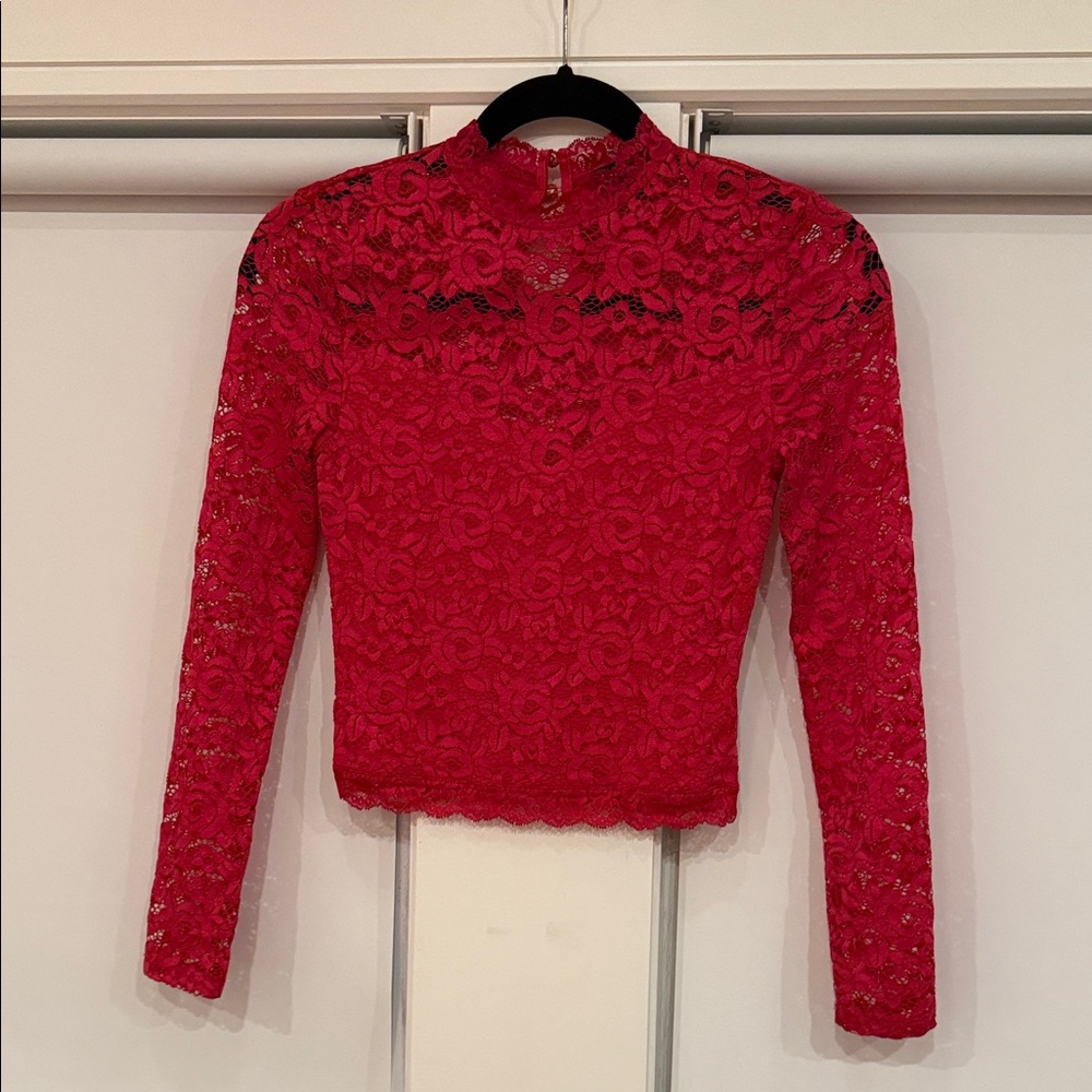 bebe Red Floral Lace Long-Sleeve Mock Neck Top